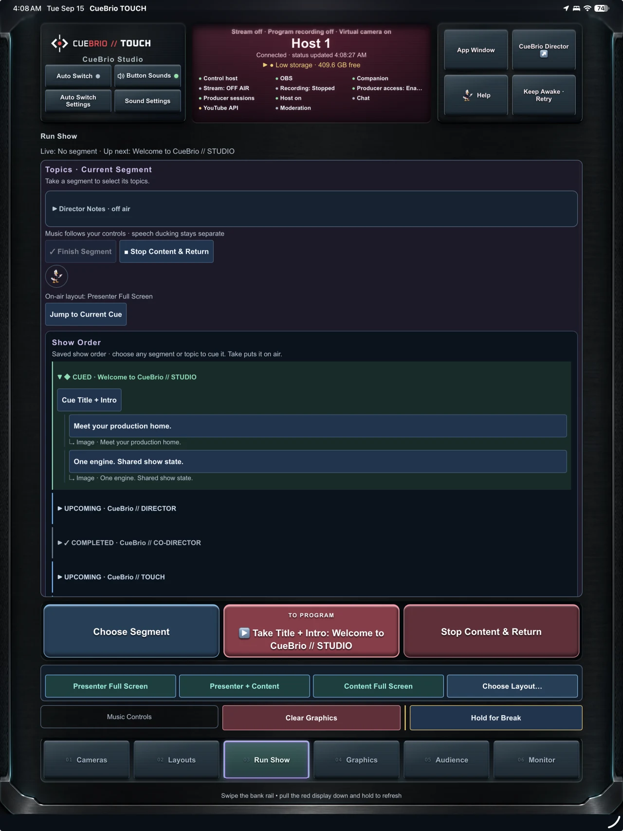 CueBrio Touch Run Show on a physical iPad in portrait orientation, showing the cue sheet and fixed show controls