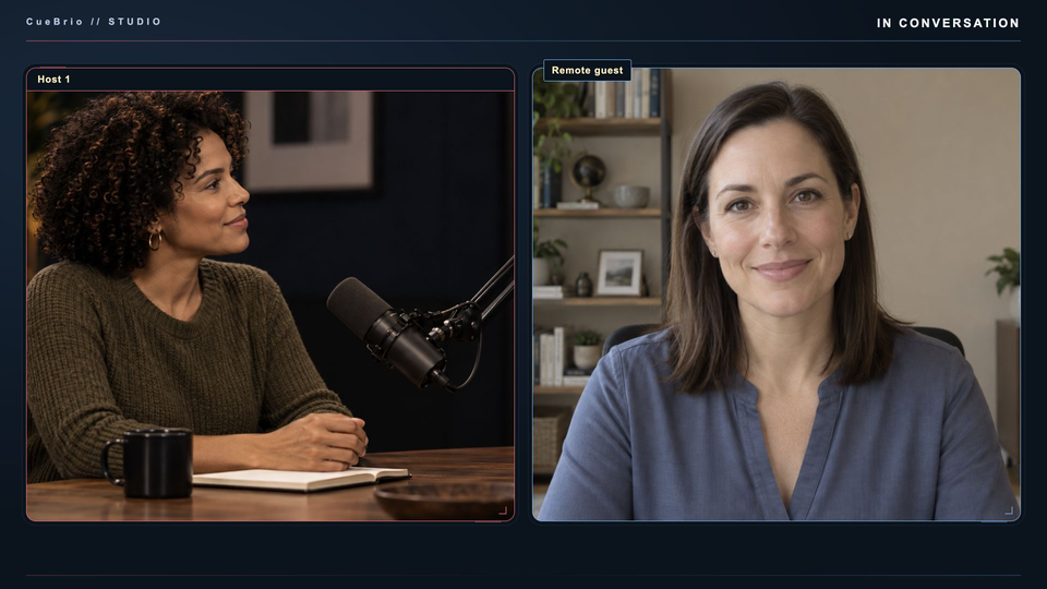 Illustrative podcast host at a microphone alongside a remote guest on video