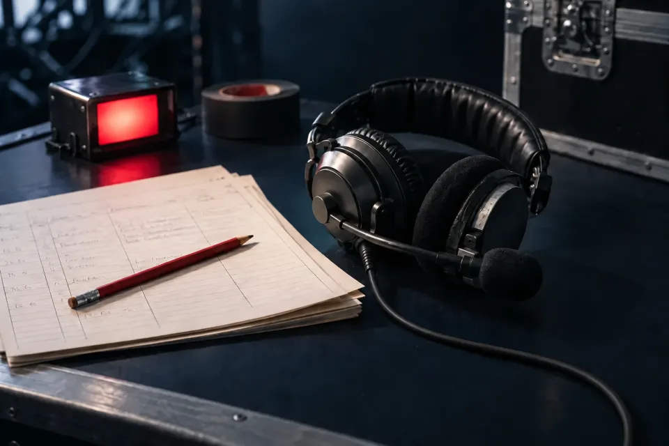 Broadcast headset, paper rundown and red tally light on a production desk