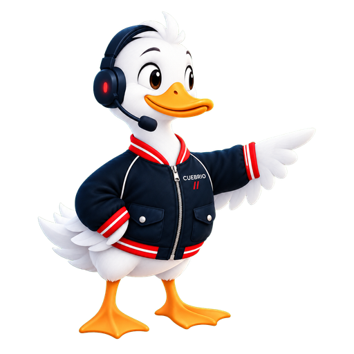 Q, the CueBrio Support Duck, in a navy production jacket, pointing toward the help links
